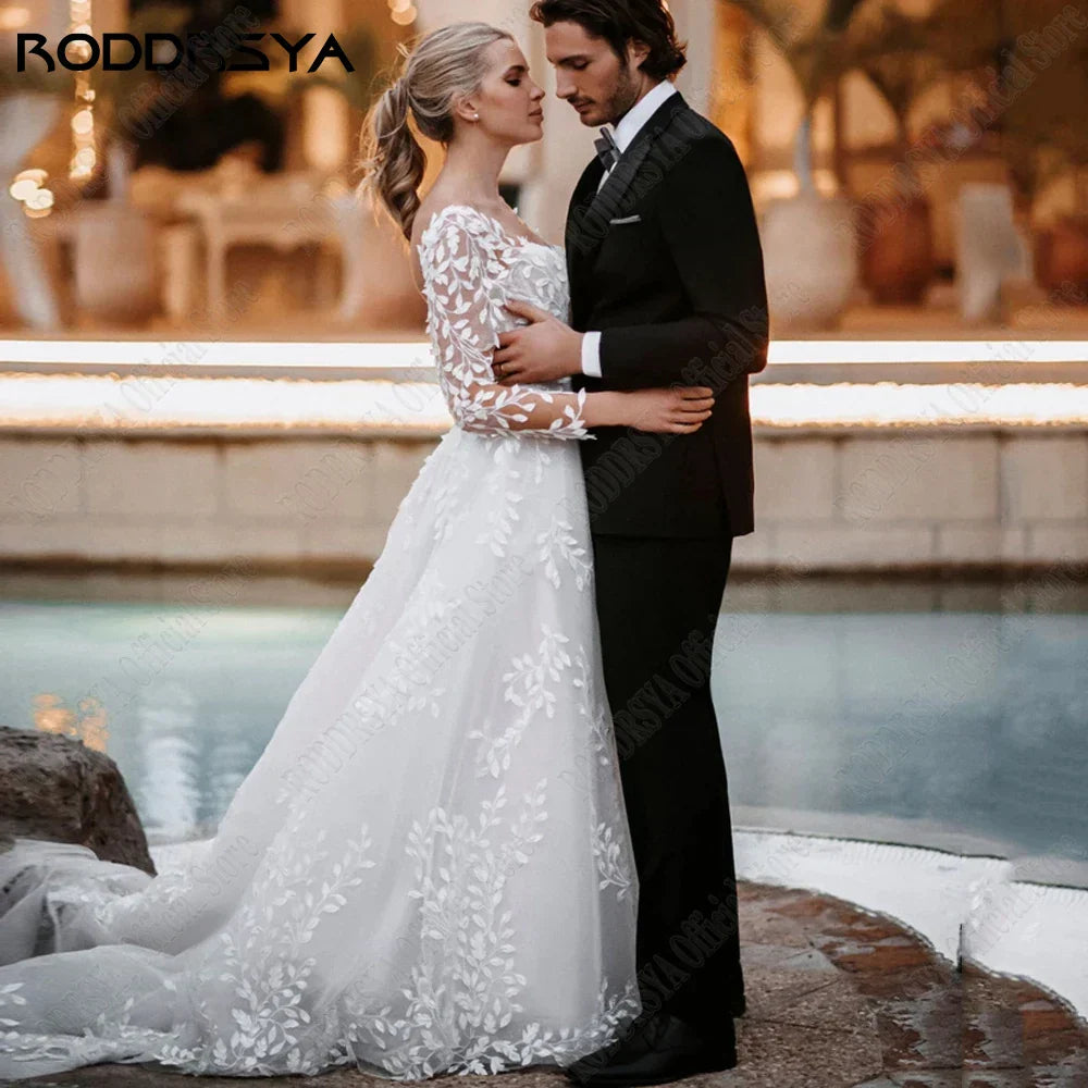 Robes de mariée sexy dos nu, nouveauté 2023, manches longues, col V, coupe trapèze, dentelle appliquée, tulle, vestidos de novia 