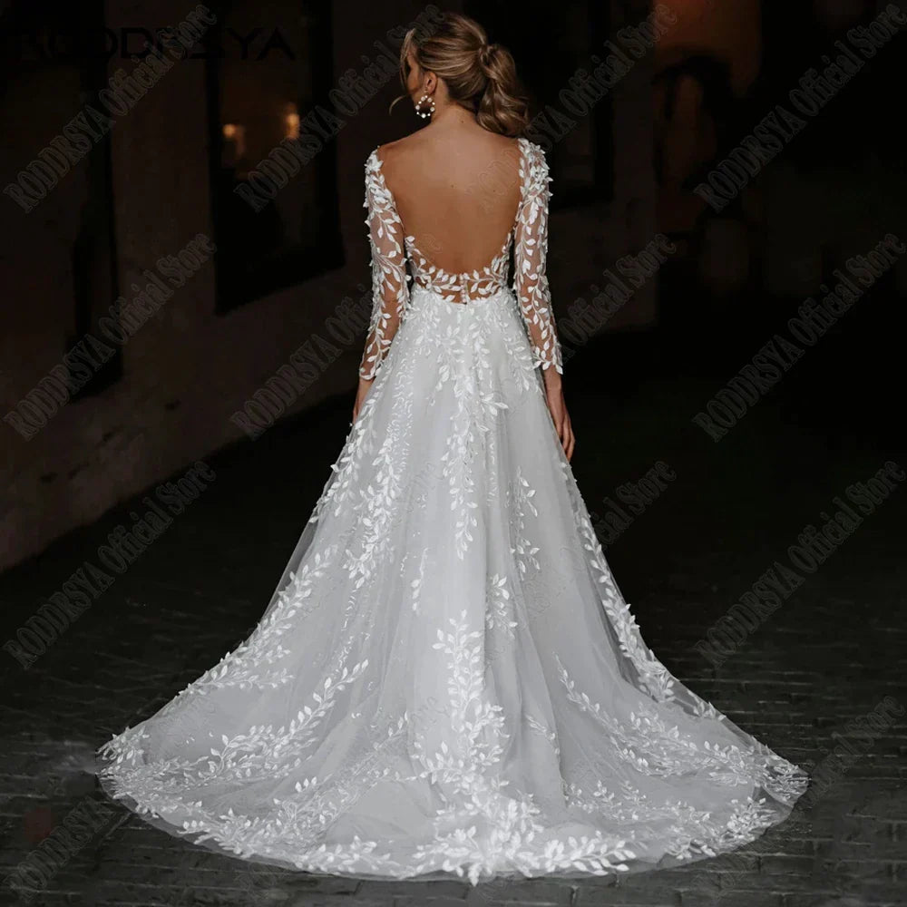Robes de mariée sexy dos nu, nouveauté 2023, manches longues, col V, coupe trapèze, dentelle appliquée, tulle, vestidos de novia 