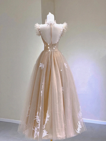 Champagne Lace Tea Length Prom Dresses A-Line Evening Dresses Y6471