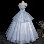 Vestido largo de gala de tul azul con encaje, vestidos de fiesta Y4208