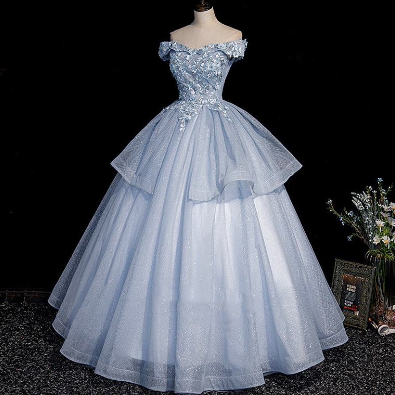 Vestido largo de gala de tul azul con encaje, vestidos de fiesta Y4208
