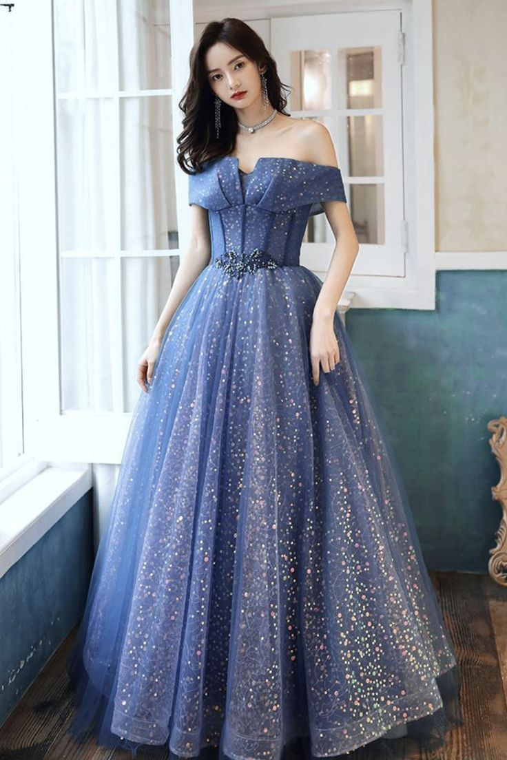 Vestido largo de gala de tul azul con lentejuelas, vestido formal Y4907