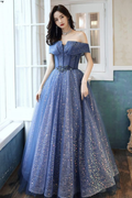 Vestido largo de gala de tul azul con lentejuelas, vestido formal Y4907