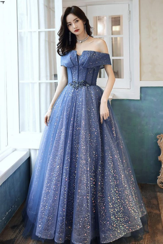Robe de bal longue en tulle bleu à sequins Y4907