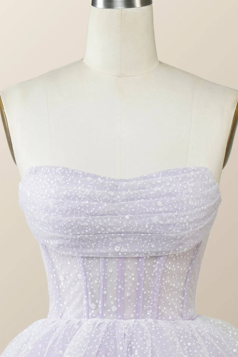 Vestido corto de fiesta de bienvenida color lavanda sin tirantes con cuello drapeado Y2780