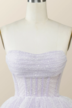 Vestido corto de fiesta de bienvenida color lavanda sin tirantes con cuello drapeado Y2780