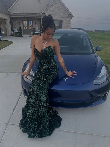 Vestido de noche de sirena verde sin tirantes con lentejuelas Y6511