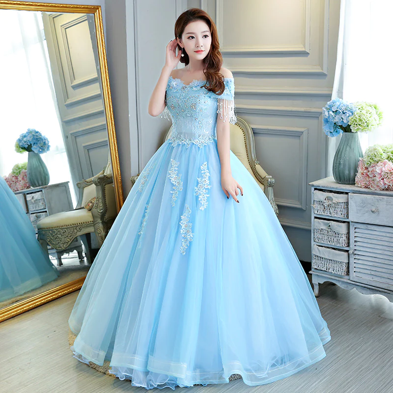 Vestido de gala azul claro de lujo, estilo princesa, con hombros descubiertos Y309