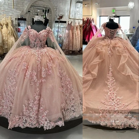 Vestido rosa de quinceañera con hombros descubiertos, flores, apliques de encaje, cuentas, estilo princesa, vestido de fiesta, dulce 16, baile Y2936