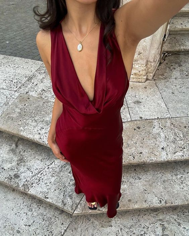 Vestido de fiesta ajustado de satén burdeos con escote en V profundo, vestido de noche sexy Y7785