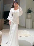 Vestido largo de noche blanco, corte sirena, modesto, con mangas abullonadas Y4074