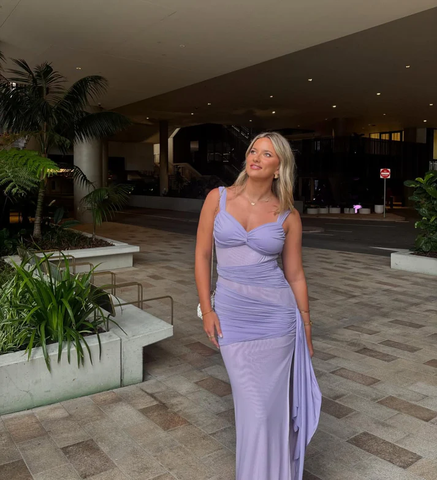 Elegante vestido de fiesta plisado de gasa lavanda, corte recto, abertura lateral, vestido de noche Y8063