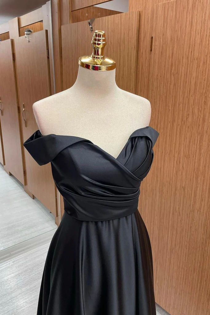 Vestido largo de fiesta negro satinado con hombros descubiertos, vestido largo negro formal de noche para graduación Y201