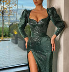 Vestidos de noche de sirena con lentejuelas y mangas largas, escote corazón, abertura lateral Y5032