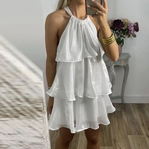 Simple Blue Organza Halter Layered Mini Prom Dress Homecoming Dress Y8089