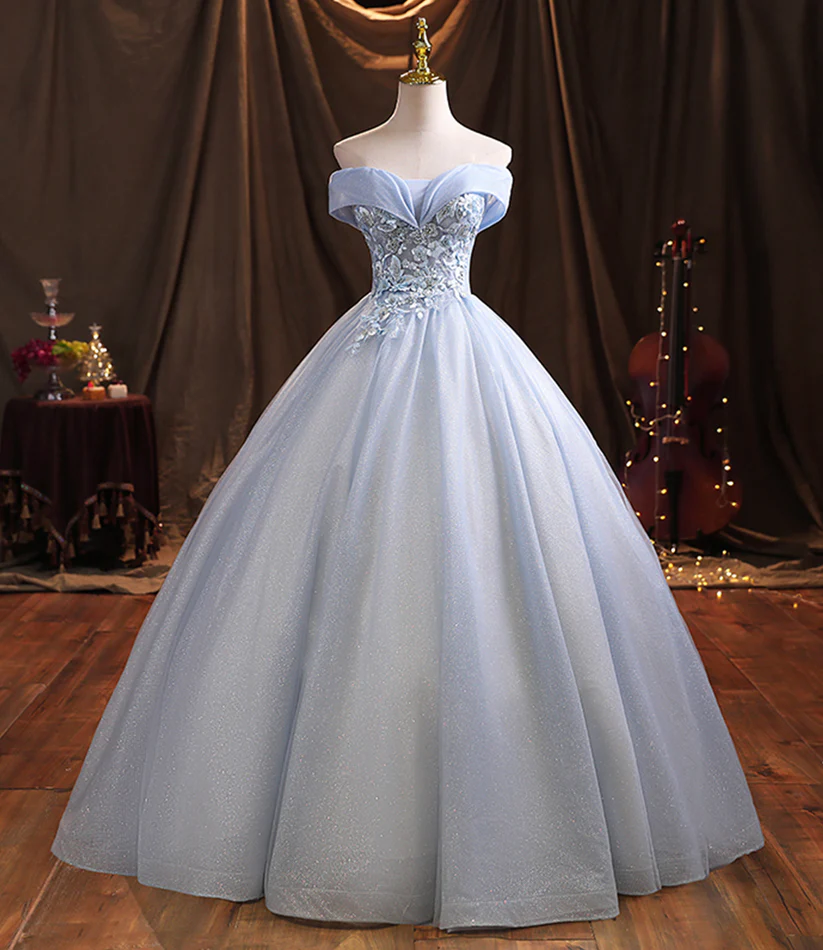 Robe de bal longue en tulle bleu et dentelle Y1293