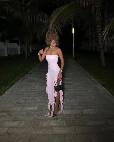 Vestido de noche rosa sin tirantes con volantes para mujer, sexy, ajustado, con flecos, elegante, sin mangas, espalda descubierta, ideal para fiestas, clubes y vacaciones (Y6438)