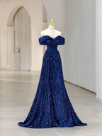 Vestido de noche corte A, elegante, formal, sin mangas, con hombros descubiertos, lentejuelas brillantes Y5789