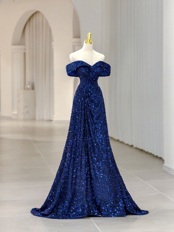Vestido de noche corte A, elegante, formal, sin mangas, con hombros descubiertos, lentejuelas brillantes Y5789