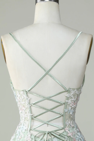 Robe de bal à fines bretelles couleur sauge, dos croisé, référence Y2925