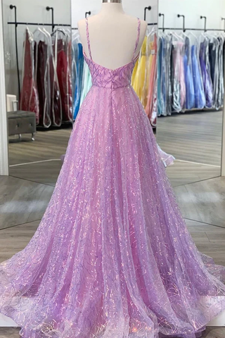 Robe de bal longue violette brillante à col en V et dos nu, robe de soirée de remise de diplôme violette sans dos Y917