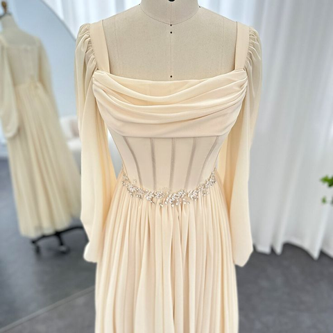Beige Short Midi Arabic Evening Dress with Belt Long Sleeve Tea Length Women Formal Wedding Party Gowns Y4847