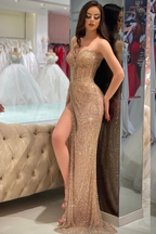 Vestido de fiesta brillante de corte A con escote corazón y abertura, encantador vestido de noche Y6646