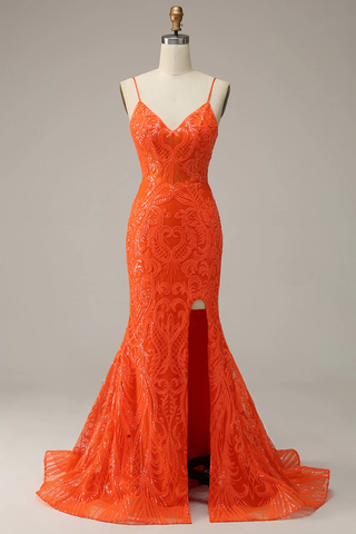 Robe de bal sirène orange à fines bretelles, robe de soirée charmante Y1760
