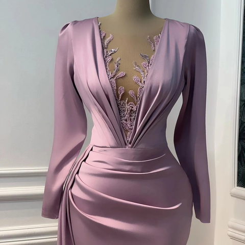 Vestido de fiesta vintage morado, manga larga, escote ilusión en V, corte sirena, largo hasta el suelo Y6647
