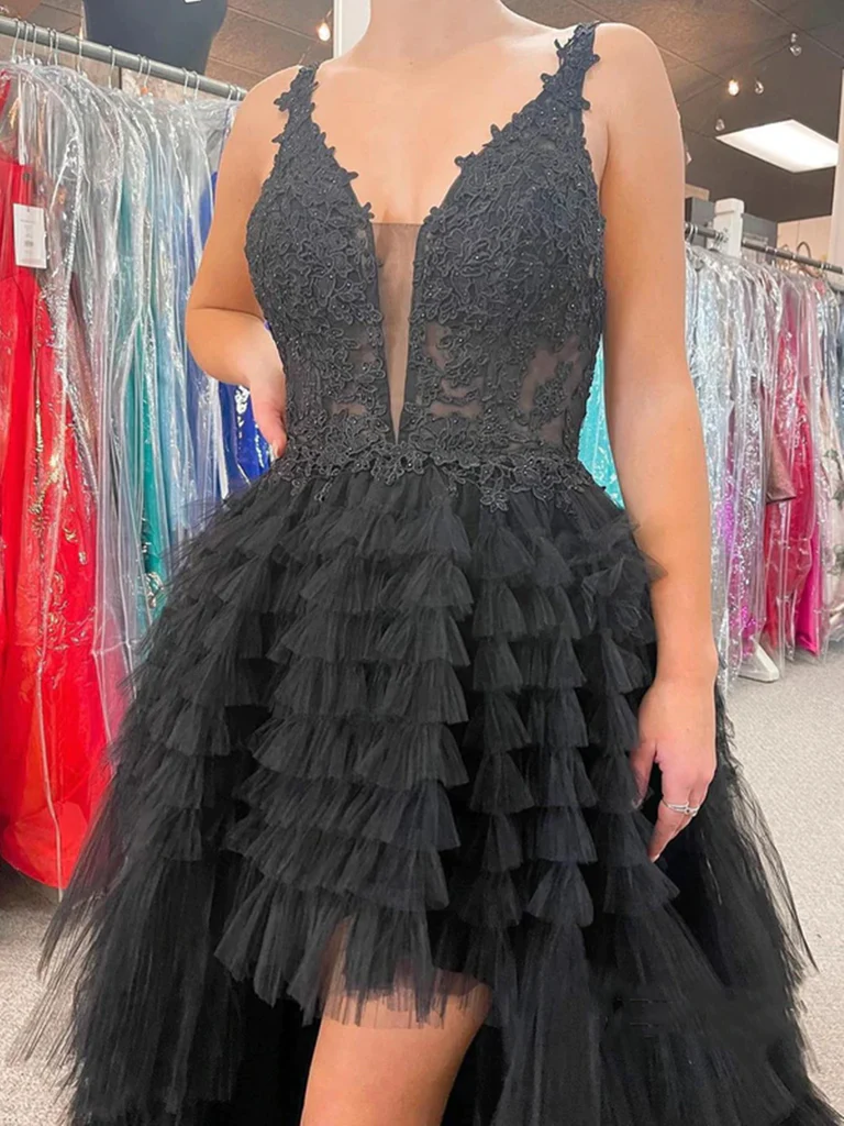 Robe de bal longue en dentelle noire dos nu à col V et ourlet asymétrique orné de perles, robe de soirée noire dos nu, robe de soirée en dentelle noire Y1769