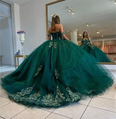 Vestido de quinceañera verde esmeralda para baile de 15 años, sexy, con hombros descubiertos, apliques de encaje abullonados, estilo princesa Y6596