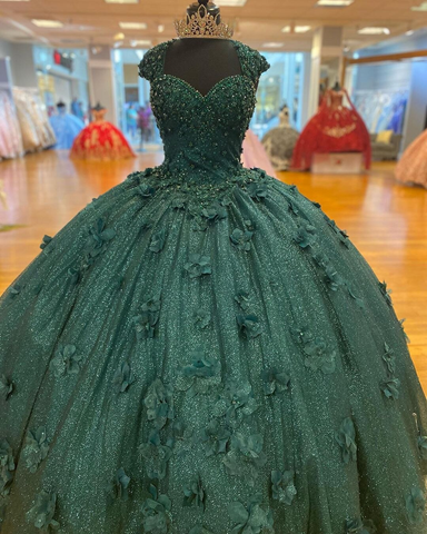 Robe de bal de princesse verte, robe de quinceañera, robe de fête Sweet 15, fleurs 3D, application de dentelle, perles de cristal, paillettes, robe d'anniversaire Y606