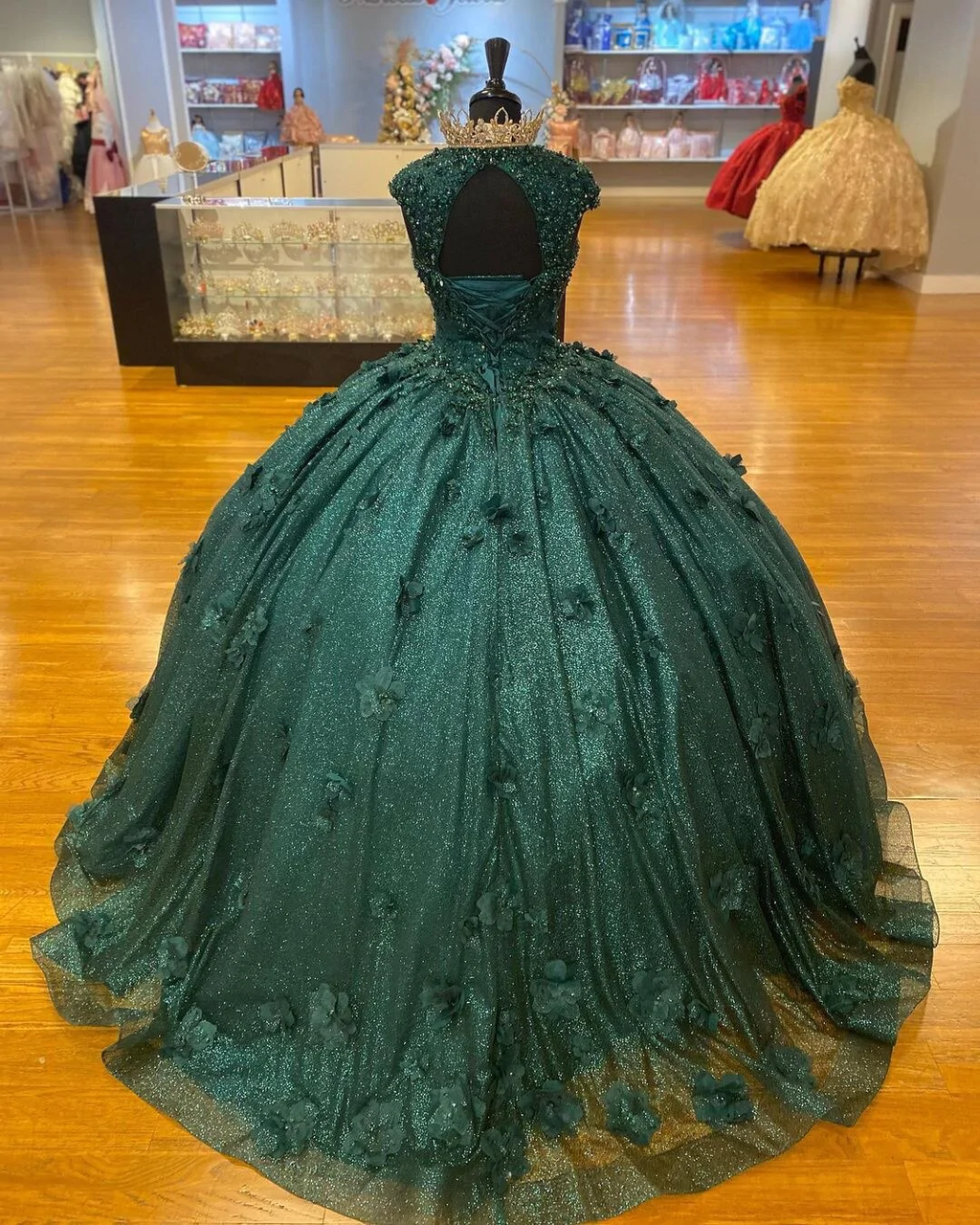 Vestido de princesa verde para quinceañera, fiesta de 15 años, flores 3D, apliques de encaje, cuentas de cristal, lentejuelas, vestido de cumpleaños Y606