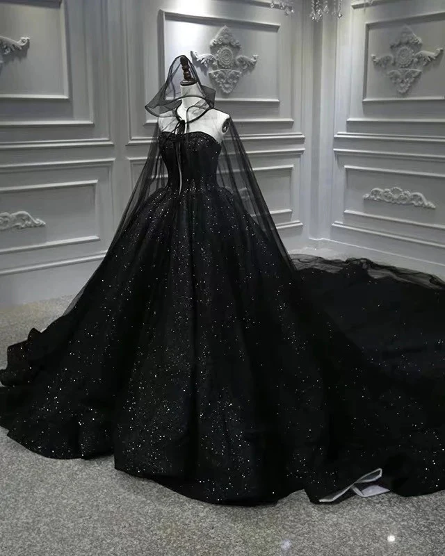 Vestido de baile de princesa negro brillante sin tirantes con lentejuelas Y56