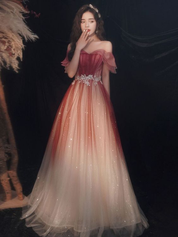 Cute Tulle Sequins Long Prom Dresses A-Line Ombre Evening Dresses Y5850