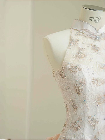 Elegant Light Pink Satin Lace Sequin Beaded Evening Dress Slit Mermaid Prom Dress Y8672