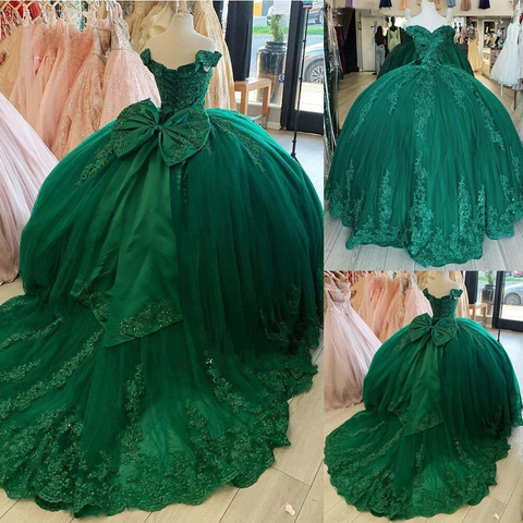 Vestido de quinceañera de tul y encaje con hombros descubiertos, vestido de baile con apliques verde oscuro Y4080