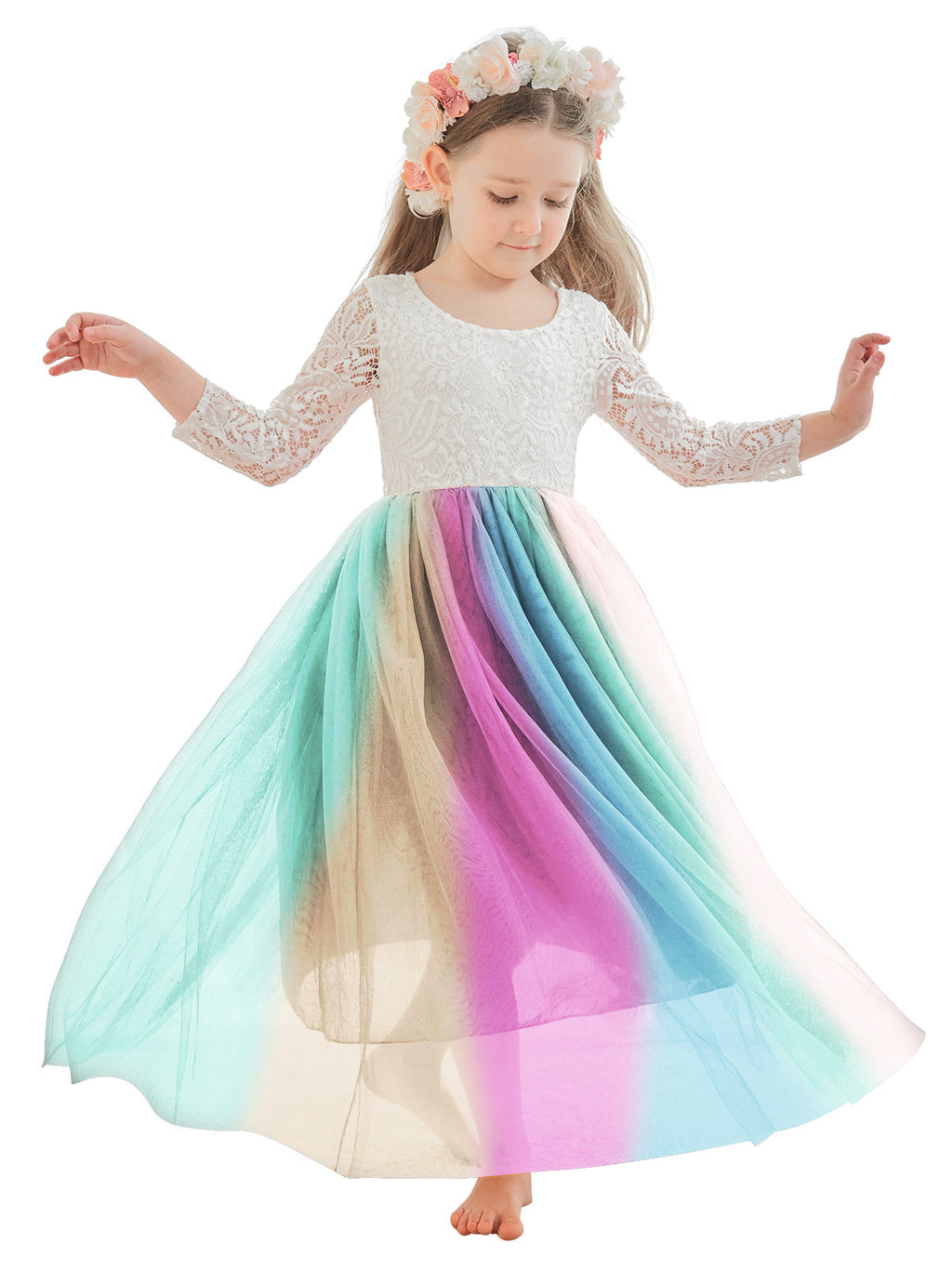 Vestido de niña de las flores de tul, manga larga, corte línea A, encaje blanco angelical 