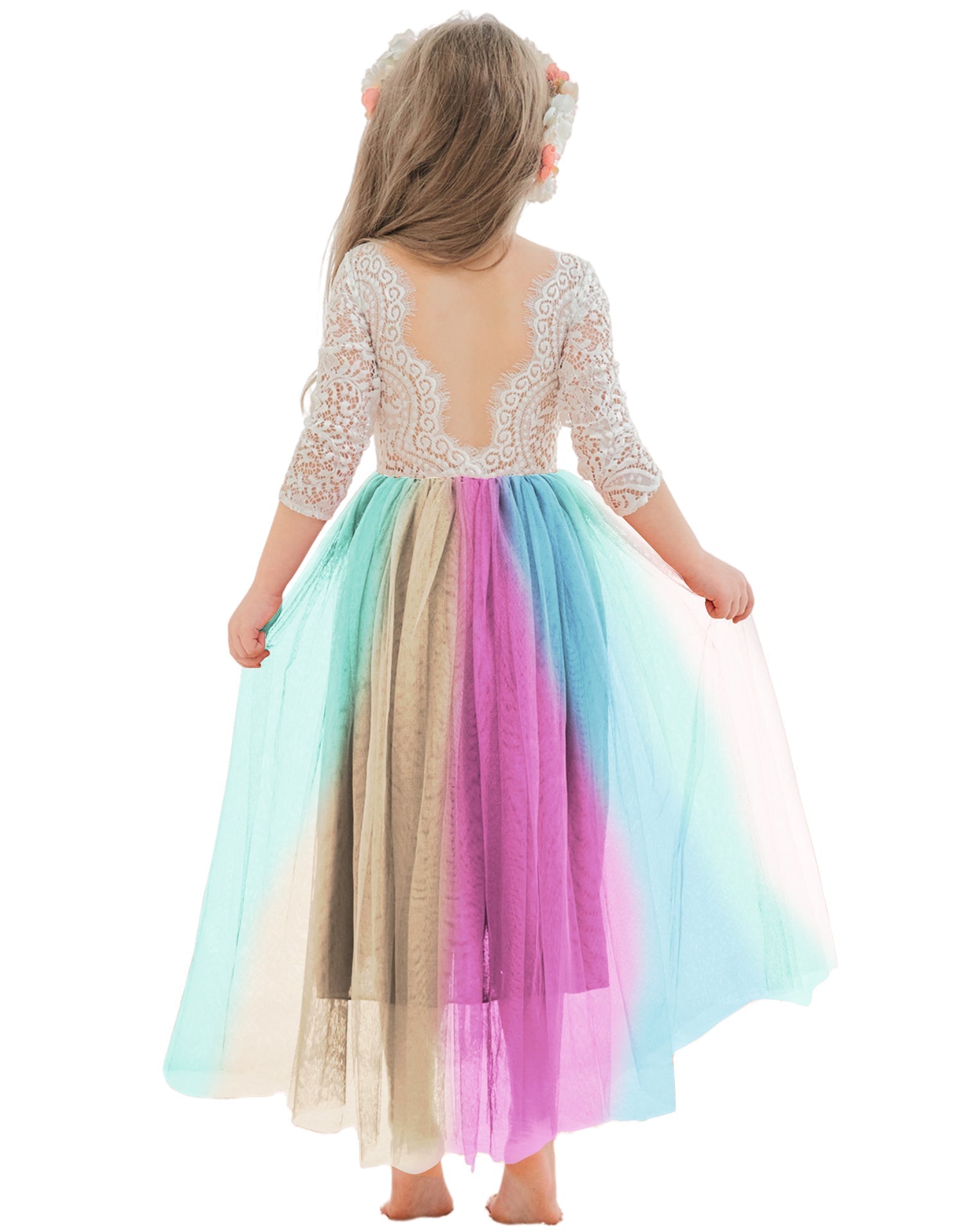 Vestido de niña de las flores de tul, manga larga, corte línea A, encaje blanco angelical 