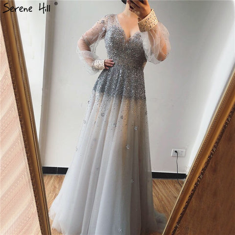 Real Photo Grey Deep-V Sexy Evening Dresses 2025 Long Sleeves Beading Sequined A-Line Evening Gowns LA70211