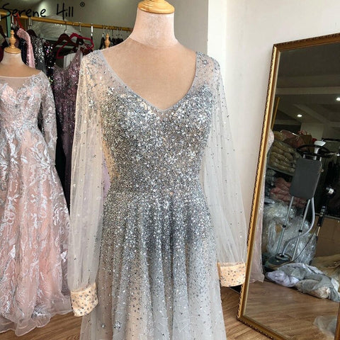 Real Photo Grey Deep-V Sexy Evening Dresses 2025 Long Sleeves Beading Sequined A-Line Evening Gowns LA70211