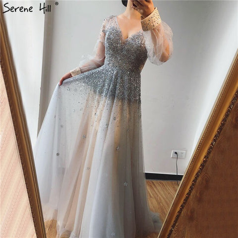 Real Photo Grey Deep-V Sexy Evening Dresses 2025 Long Sleeves Beading Sequined A-Line Evening Gowns LA70211