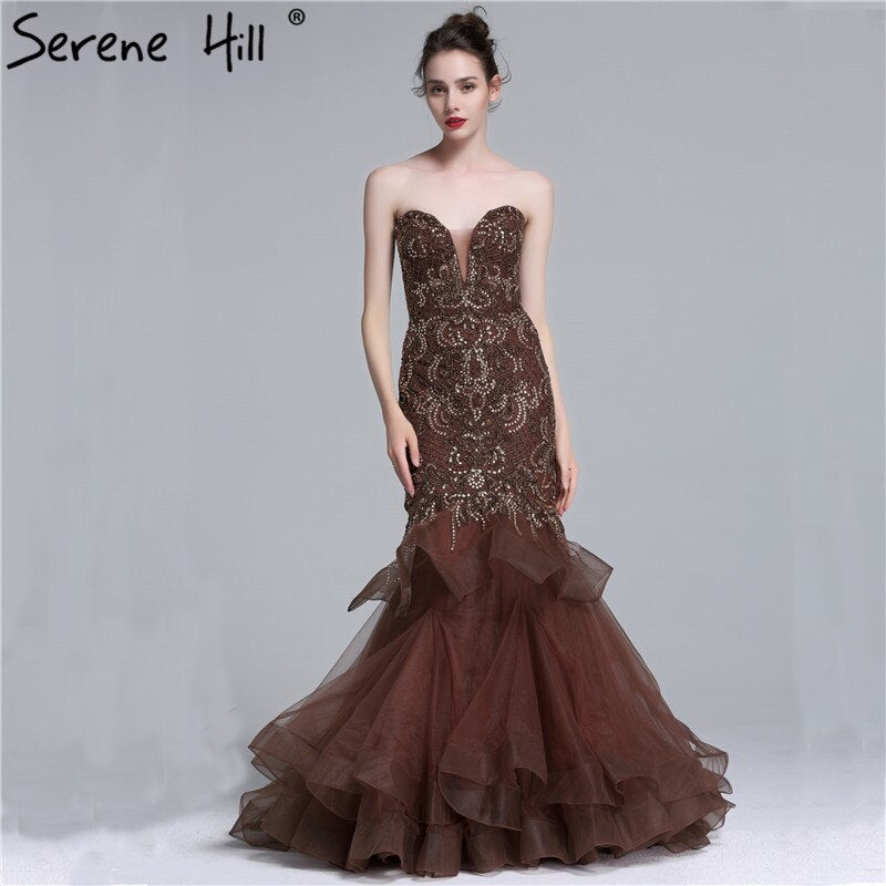 On Sale no return no refundSale Real Photo Long Elegant Evening Dress 2025 Sexy Strapless Beading Mermaid Evening Party Dress New Style LA6102