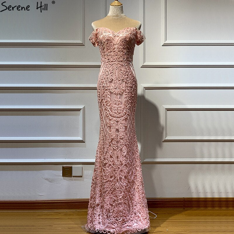 Real Photo Pink Sleeveless Pearls Diamond Evening Gowns 2025 Mermaid Off Shoulder Sexy Lace Evening Gowns LA60827