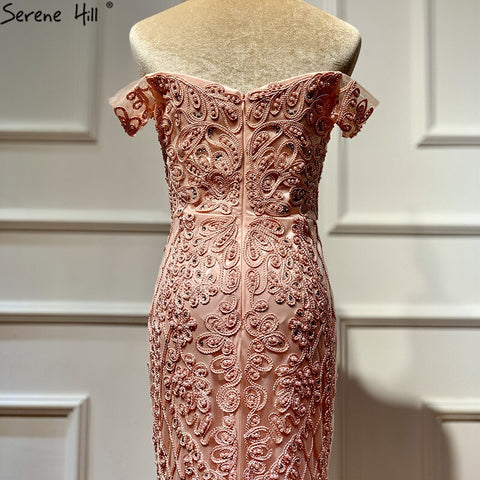 Vestido de noche rosa sin mangas con perlas y diamantes, estilo sirena, hombros descubiertos, encaje sexy, modelo LA60827 (foto real) 