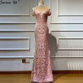 Real Photo Pink Sleeveless Pearls Diamond Evening Gowns 2025 Mermaid Off Shoulder Sexy Lace Evening Gowns LA60827