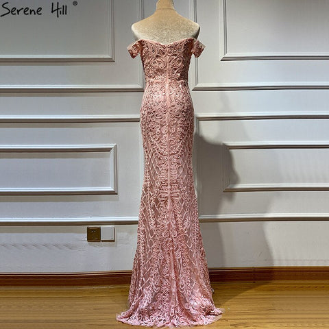 Vestido de noche rosa sin mangas con perlas y diamantes, estilo sirena, hombros descubiertos, encaje sexy, modelo LA60827 (foto real) 