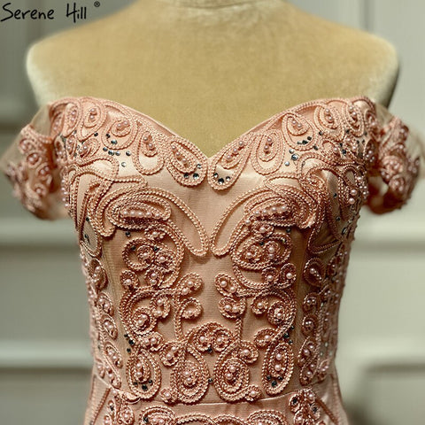Vestido de noche rosa sin mangas con perlas y diamantes, estilo sirena, hombros descubiertos, encaje sexy, modelo LA60827 (foto real) 