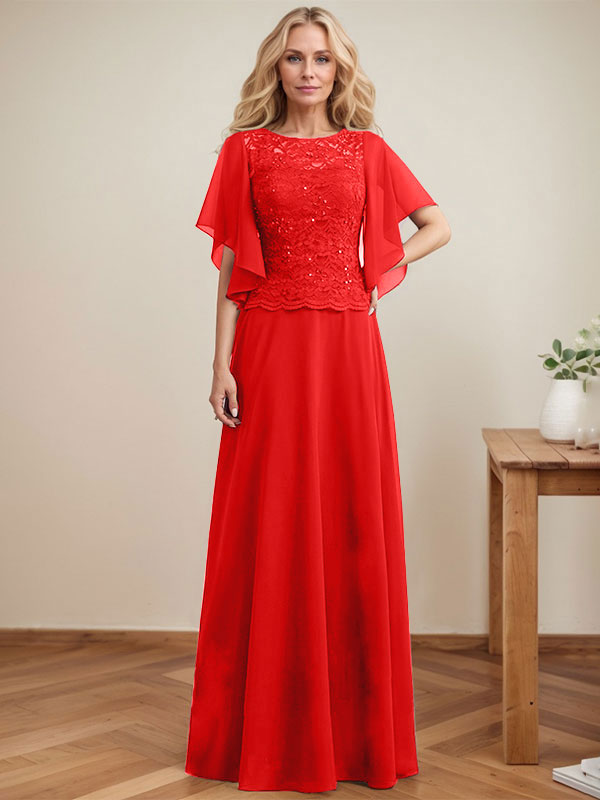 Vestido de novia de corte A, escote redondo, ilusión, largo hasta el suelo, de encaje y gasa con lentejuelas. 