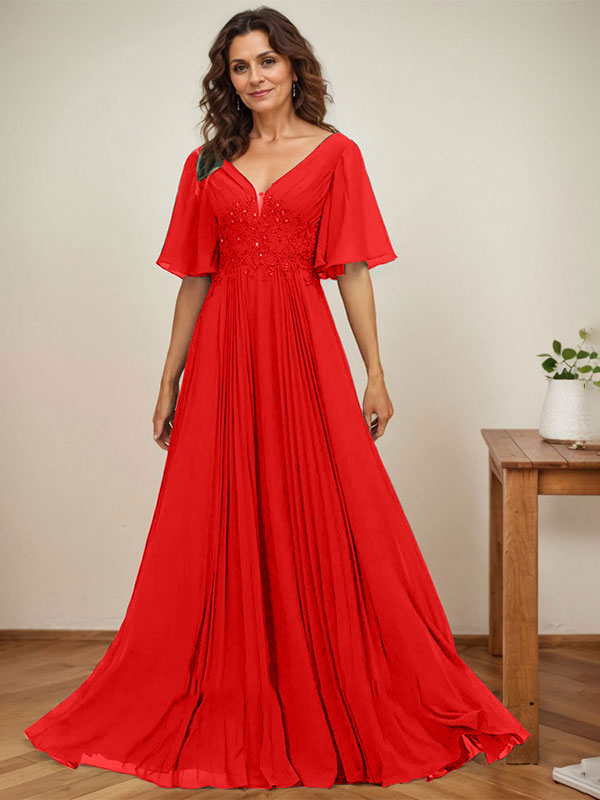 Vestido de corte A, escote en V, largo hasta el suelo, de gasa, para la madre de la novia, con apliques de lentejuelas y encaje plisado. 